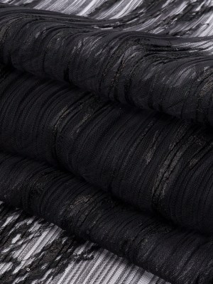 Embroidered Soft Pleated Tulle with Clear Baby Sequins – Black Abstract – Linden Collection Embroidered Soft Pleated Tulle with Clear Baby Sequins – Black Abstract – Linden Collection