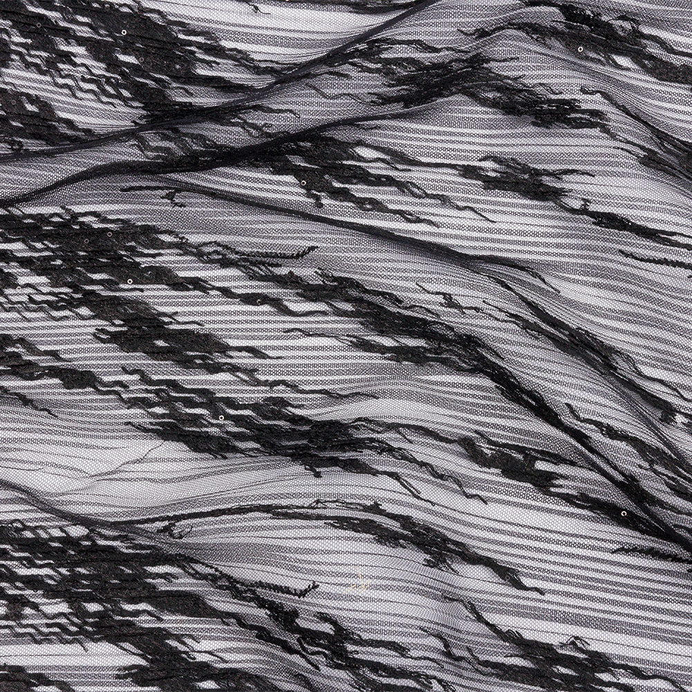 Embroidered Soft Pleated Tulle with Clear Baby Sequins – Black Abstract – Linden Collection Embroidered Soft Pleated Tulle with Clear Baby Sequins – Black Abstract – Linden Collection