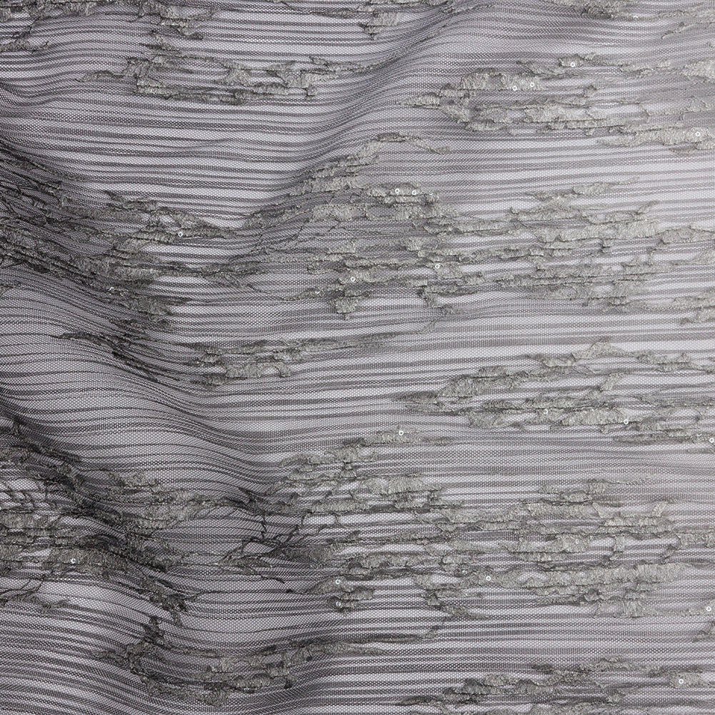 Embroidered Soft Pleated Tulle with Sequins – Black, Gray and White Ombre Abstract – Sequoia Collection Embroidered Soft Pleated Tulle with Sequins – Black, Gray and White Ombre Abstract – Sequoia Collection