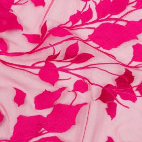 Embroidered Tulle Lace – Fuchsia Leafy Branches – Magnolia Collection Embroidered Tulle Lace – Fuchsia Leafy Branches – Magnolia Collection