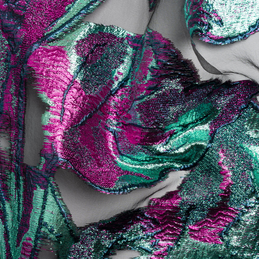 Metallic Aqua, Fuchsia and Navy Big Blooms and Leaves Luxury Burnout Brocade Metallic Aqua, Fuchsia and Navy Big Blooms and Leaves Luxury Burnout Brocade