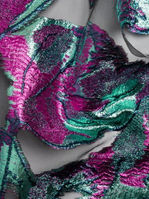 Metallic Aqua, Fuchsia and Navy Big Blooms and Leaves Luxury Burnout Brocade Metallic Aqua, Fuchsia and Navy Big Blooms and Leaves Luxury Burnout Brocade