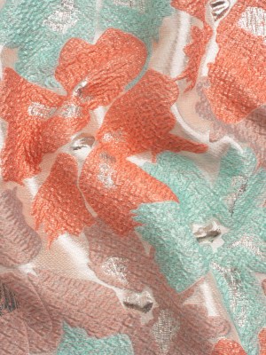 Metallic Silver, Coral and Turquoise Floating Blossoms Luxury Brocade Metallic Silver, Coral and Turquoise Floating Blossoms Luxury Brocade