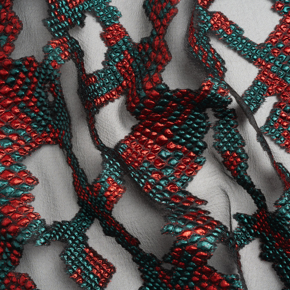 Metallic Teal, Red and Black Snakeskin Sprawl Burnout Luxury Brocade Metallic Teal, Red and Black Snakeskin Sprawl Burnout Luxury Brocade