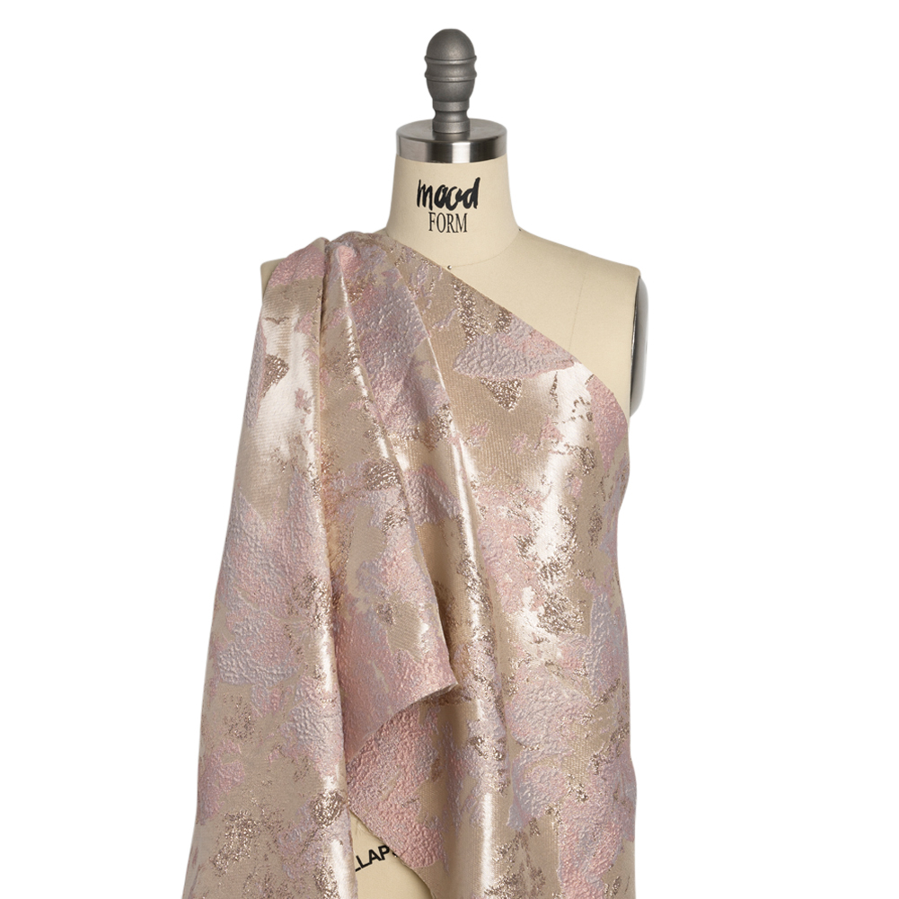 Metallic Silver, Pink and Beige Painted Flowers Luxury Brocade Metallic Silver, Pink and Beige Painted Flowers Luxury Brocade