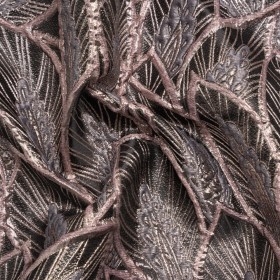 Metallic Dusty Rose, Silver and Black Decorated Feathers Luxury Brocade Metallic Dusty Rose, Silver and Black Decorated Feathers Luxury Brocade