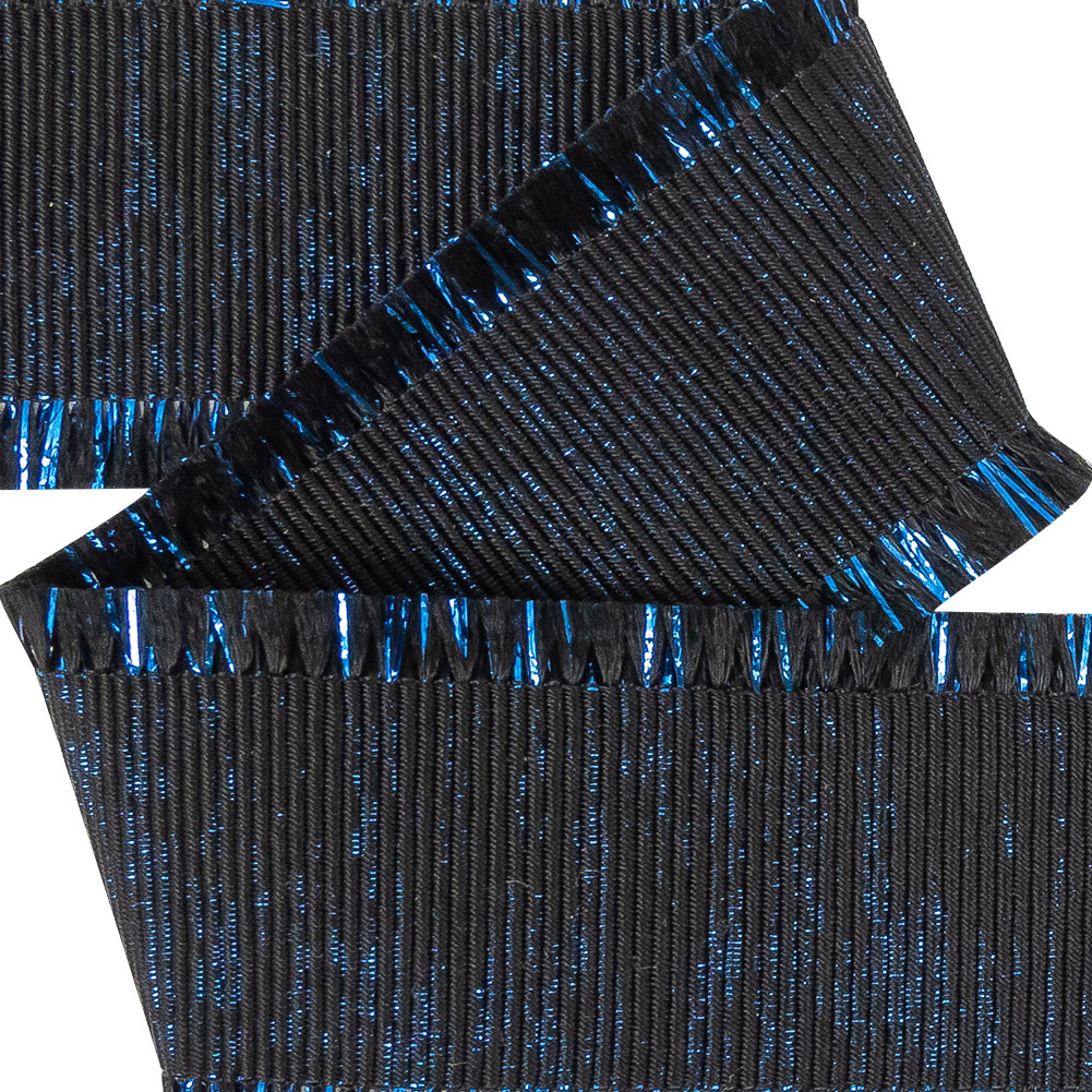 Italian Black and Magnetic Blue Metallic Grosgrain Ribbon with Fringe - 1.4375"