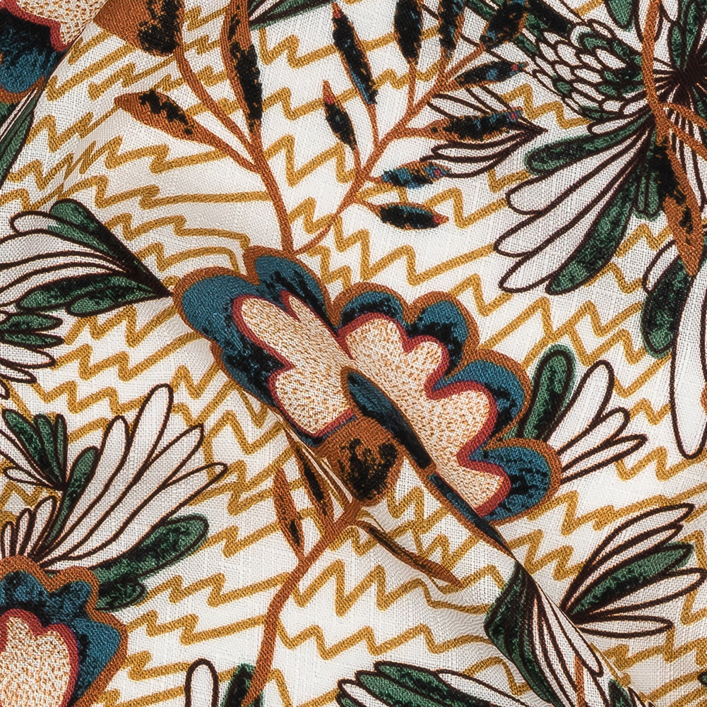 Slubbed Viscose Woven Print - Mustard and Terracotta Floral and Zig Zag - Mood Exclusive Retro Blossoms