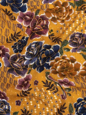 Slubbed Viscose Woven Print – Gamboge Yellow Diamonds and Floral – Mood Exclusive Melange de Fleurs Slubbed Viscose Woven Print – Gamboge Yellow Diamonds and Floral – Mood Exclusive Melange de Fleurs