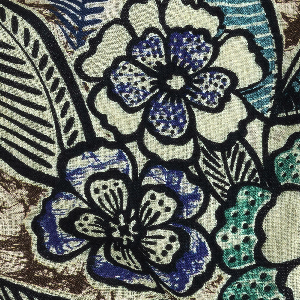 Slubbed Viscose Woven Print - White and Blue Floral - Mood Exclusive Blackened Buds