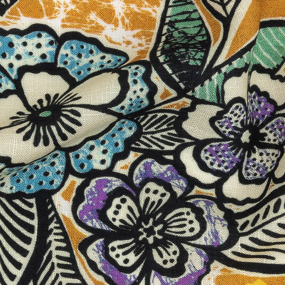 Slubbed Viscose Woven Print - Golden Orange and Blue Floral - Mood Exclusive Blackened Buds