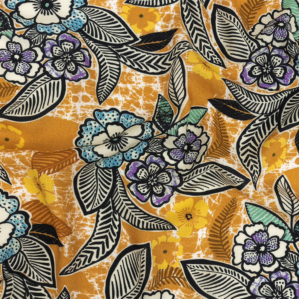 Slubbed Viscose Woven Print – Golden Orange and Blue Floral – Mood Exclusive Blackened Buds Slubbed Viscose Woven Print – Golden Orange and Blue Floral – Mood Exclusive Blackened Buds