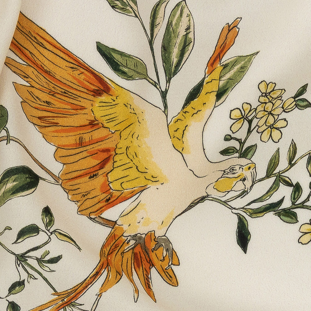 Sustainable Viscose Woven Print - Ivory and Green Birds in Branches - Mood Exclusive Avian Adoration