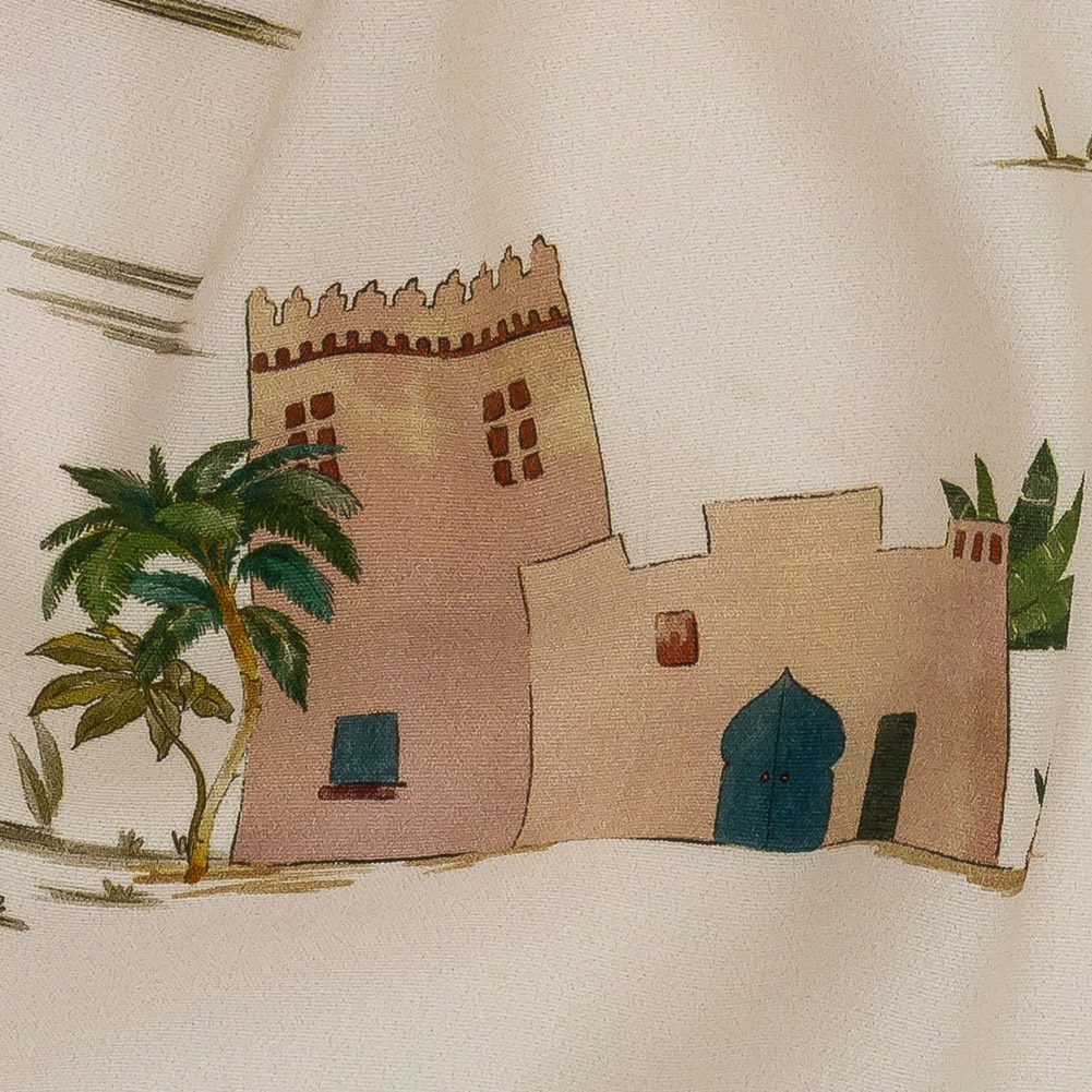Sustainable Viscose Woven Print - Ivory Camels and Buildings - Mood Exclusive Bactrian Expedition