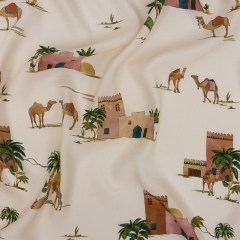 Sustainable Viscose Woven Print – Ivory Camels and Buildings – Mood Exclusive Bactrian Expedition Sustainable Viscose Woven Print – Ivory Camels and Buildings – Mood Exclusive Bactrian Expedition