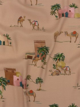 Sustainable Viscose Woven Print – Beige Camels and Buildings – Mood Exclusive Bactrian Expedition Sustainable Viscose Woven Print – Beige Camels and Buildings – Mood Exclusive Bactrian Expedition