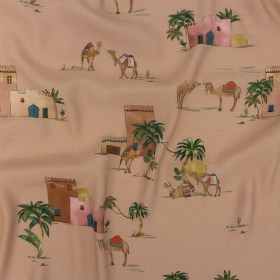 Sustainable Viscose Woven Print – Beige Camels and Buildings – Mood Exclusive Bactrian Expedition Sustainable Viscose Woven Print – Beige Camels and Buildings – Mood Exclusive Bactrian Expedition