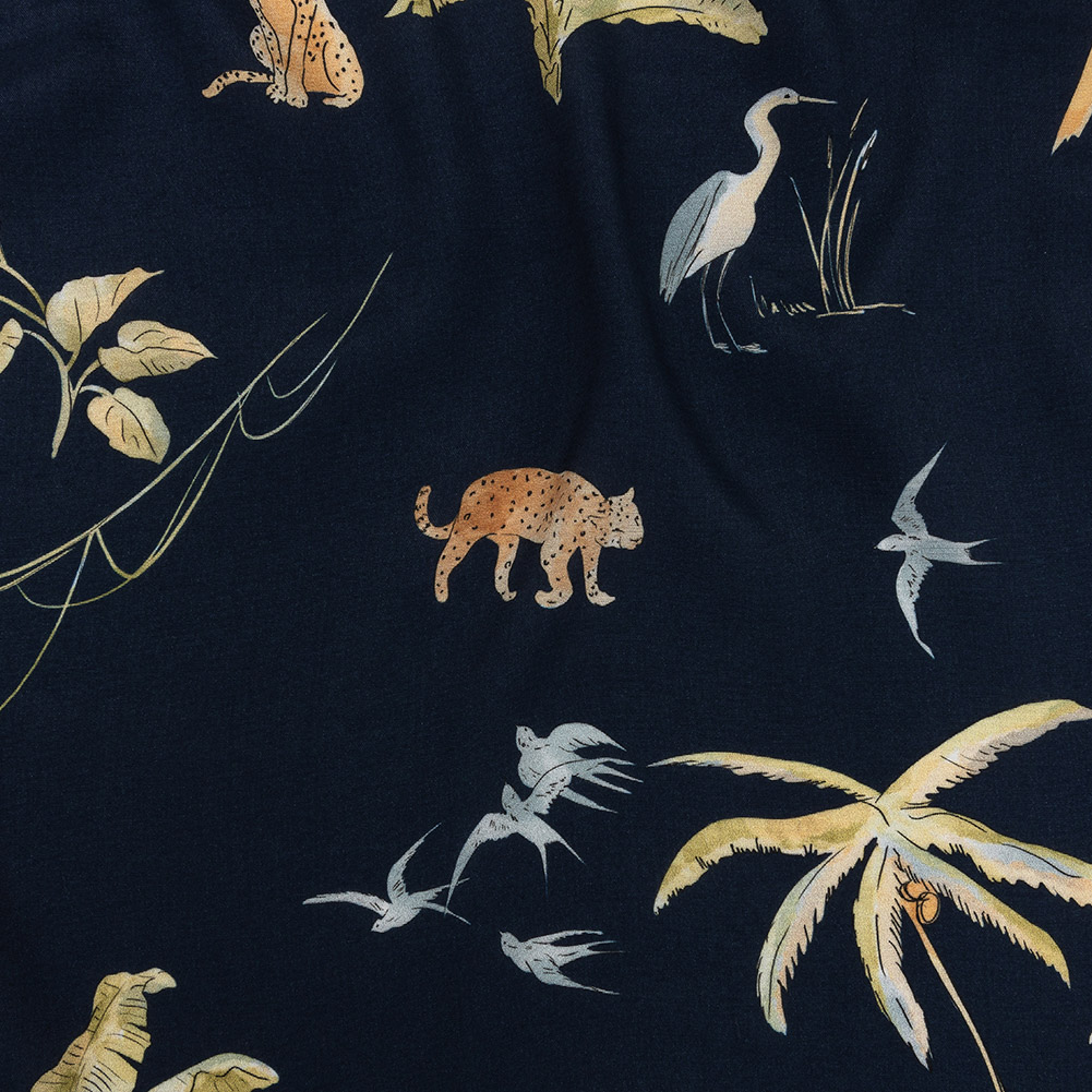 Sustainable Viscose Woven Print - Navy Animals and Palm Trees - Mood Exclusive Savanna Spectacle