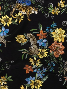 Sustainable Viscose Woven Print – Black Big Cats and Flowers – Mood Exclusive Feline Flourish Sustainable Viscose Woven Print – Black Big Cats and Flowers – Mood Exclusive Feline Flourish