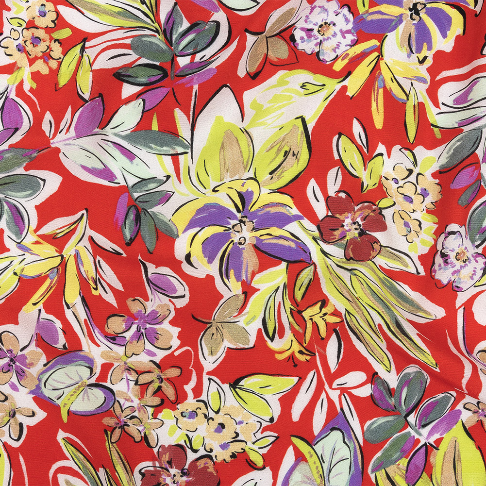 Sustainable Viscose Woven Print - Scarlet, Purple and Yellow Floral - Mood Exclusive Greenhouse Gala
