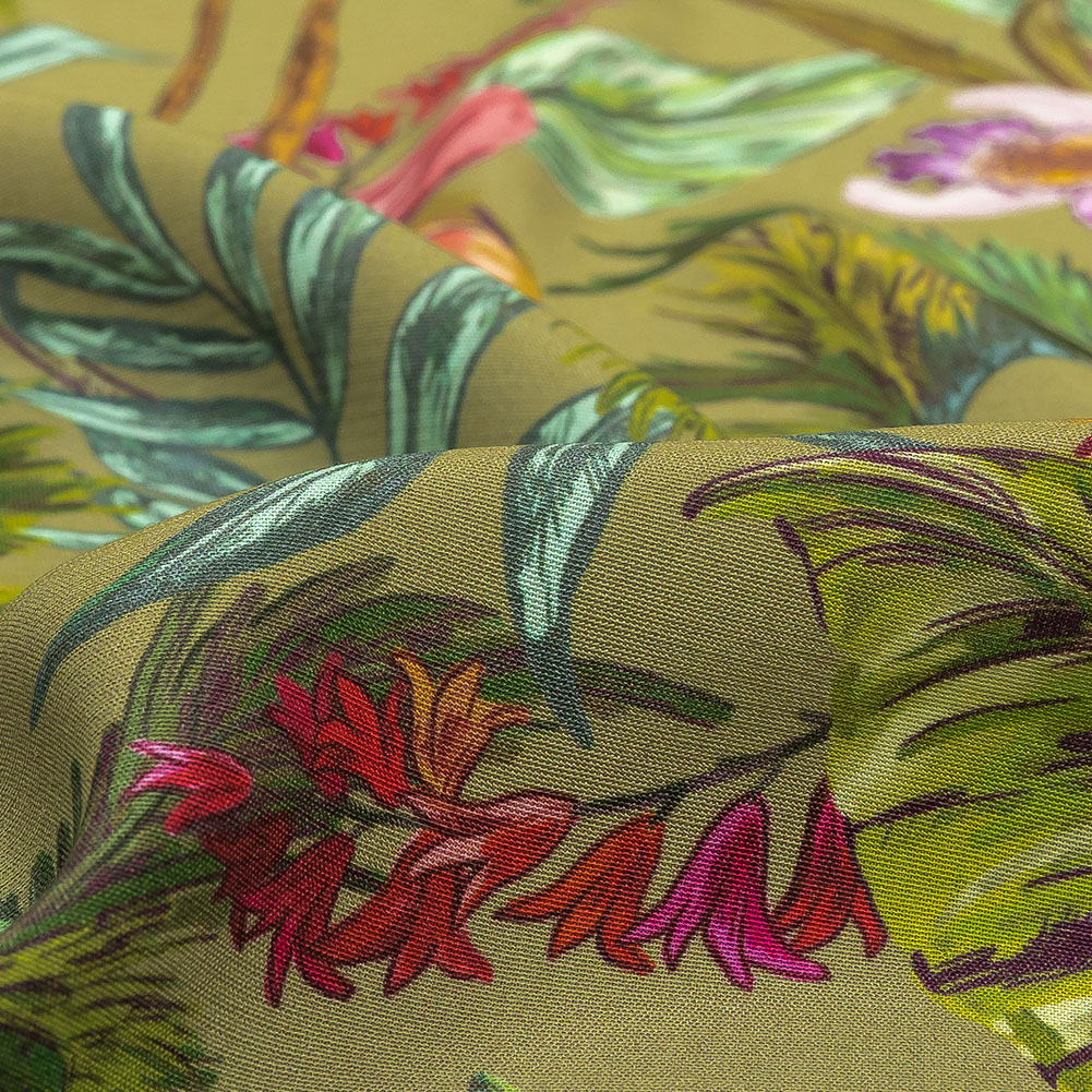 Sustainable Viscose Woven Print - Green Trees, Leaves and Flowers - Mood Exclusive Organic Orchids