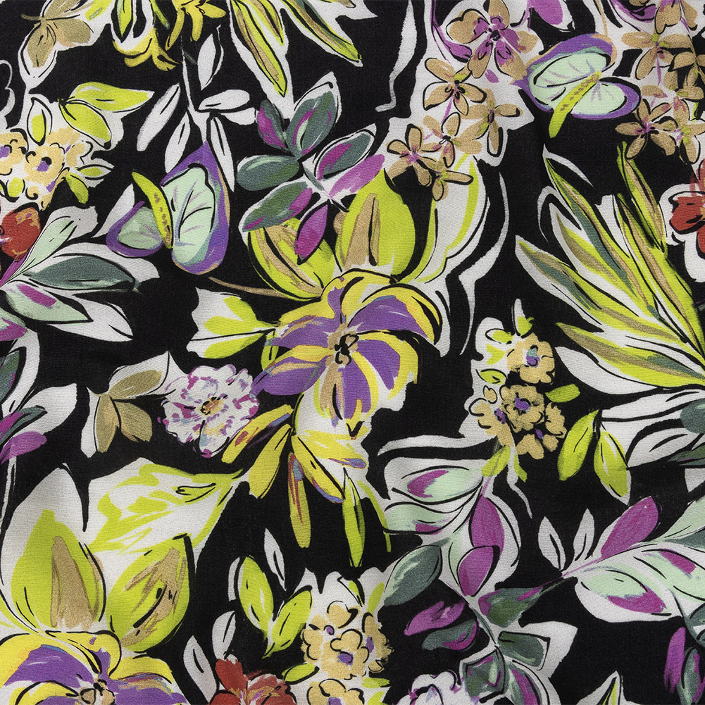 Sustainable Viscose Woven Print - Black, Purple and Yellow Floral - Mood Exclusive Greenhouse Gala