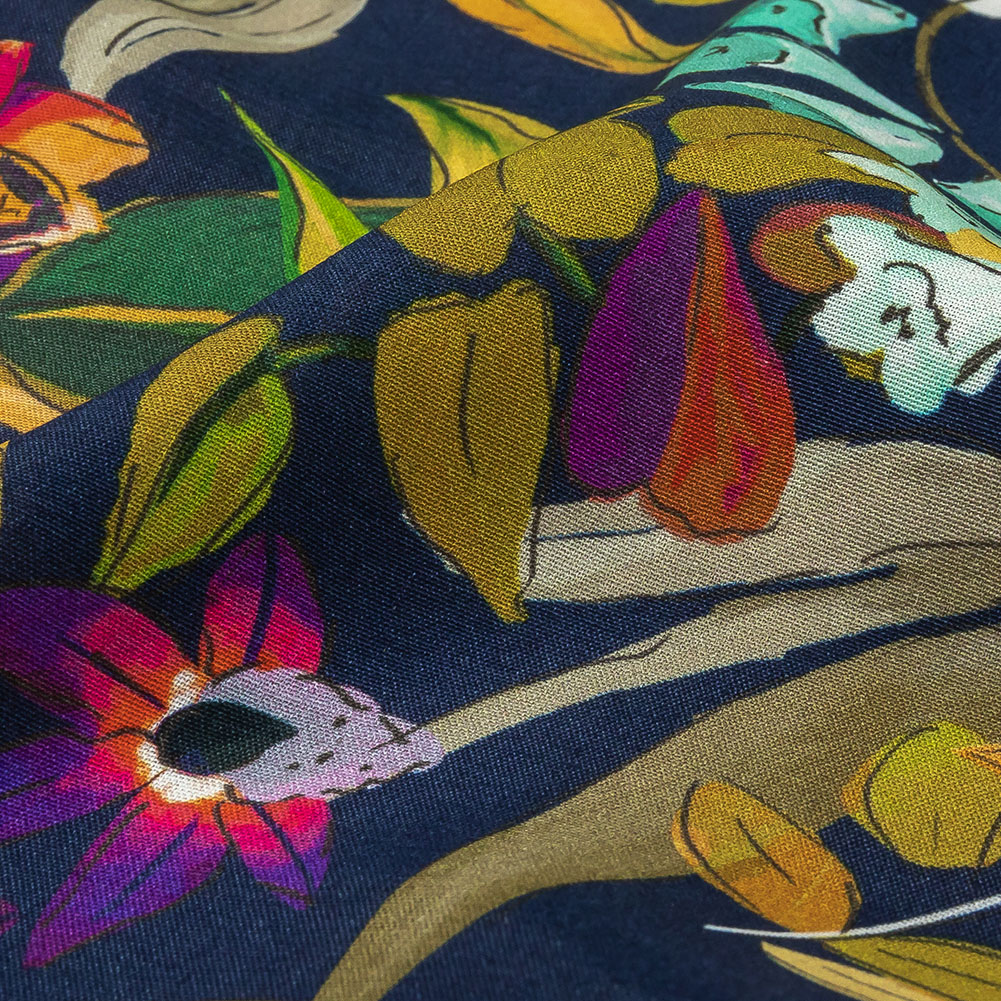 Sustainable Viscose Woven Print - Navy Blue, Green and Purple Floral - Mood Exclusive Tropics at Twilight