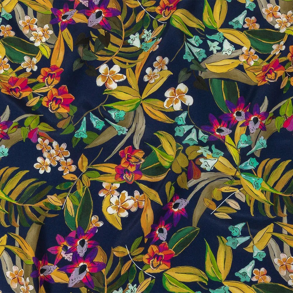 Sustainable Viscose Woven Print – Navy Blue, Green and Purple Floral – Mood Exclusive Tropics at Twilight Sustainable Viscose Woven Print – Navy Blue, Green and Purple Floral – Mood Exclusive Tropics at Twilight
