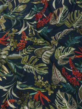 Sustainable Viscose Woven Print – Navy, Green and Red Troplical Leaves and Flowers – Mood Exclusive Subtropic Vegetation Sustainable Viscose Woven Print – Navy, Green and Red Troplical Leaves and Flowers – Mood Exclusive Subtropic Vegetation