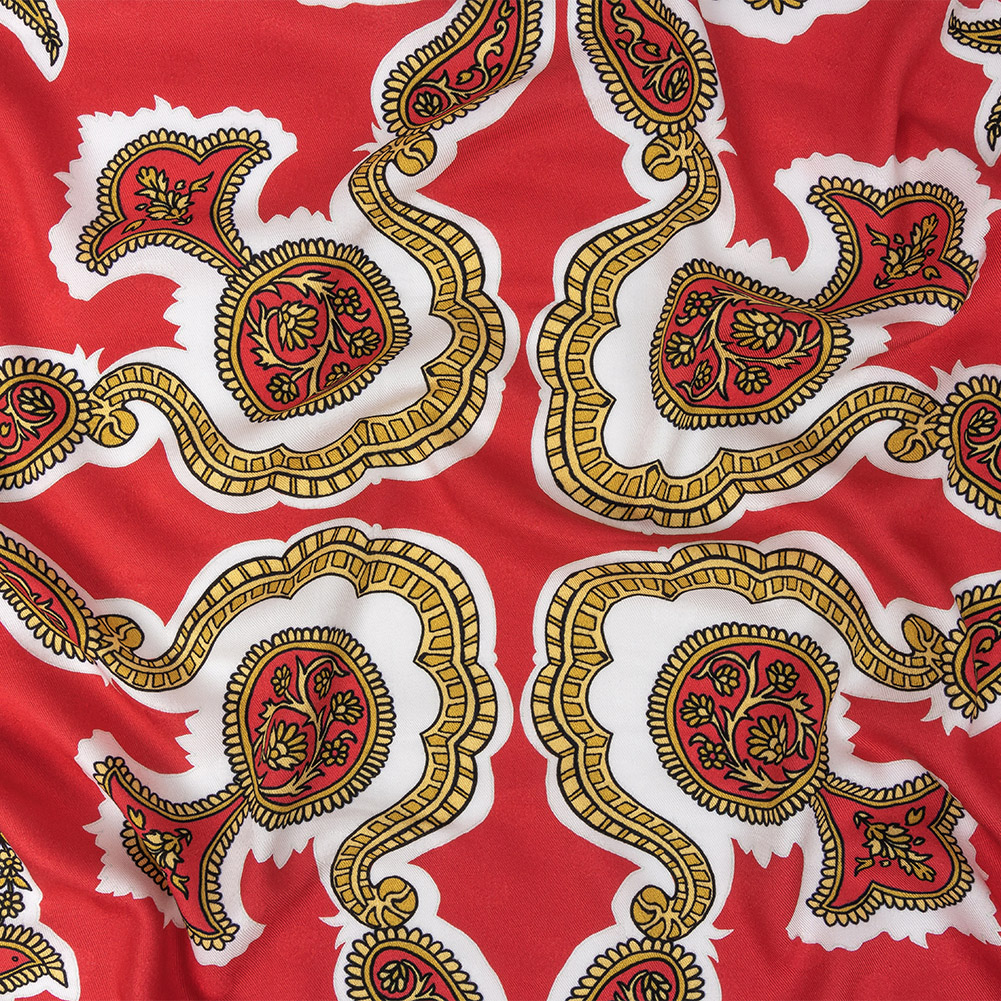 Polka Dotted Viscose Jacquard Print – Hot Coral and Gold Fancy Paisley – Mood Exclusive Elaborate Eminence Polka Dotted Viscose Jacquard Print – Hot Coral and Gold Fancy Paisley – Mood Exclusive Elaborate Eminence