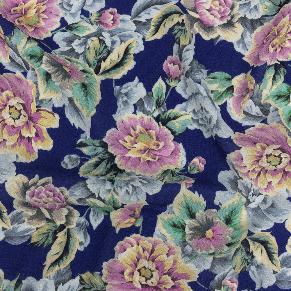 Gauzy Viscose Crepe Print – Royal Blue, Pink and Yellow Floral – Mood Exclusive Antique Rose Petals Gauzy Viscose Crepe Print – Royal Blue, Pink and Yellow Floral – Mood Exclusive Antique Rose Petals