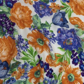 Gauzy Viscose Crepe Print – White, Blue and Orange Floral – Mood Exclusive Flowers by Vincent Gauzy Viscose Crepe Print – White, Blue and Orange Floral – Mood Exclusive Flowers by Vincent