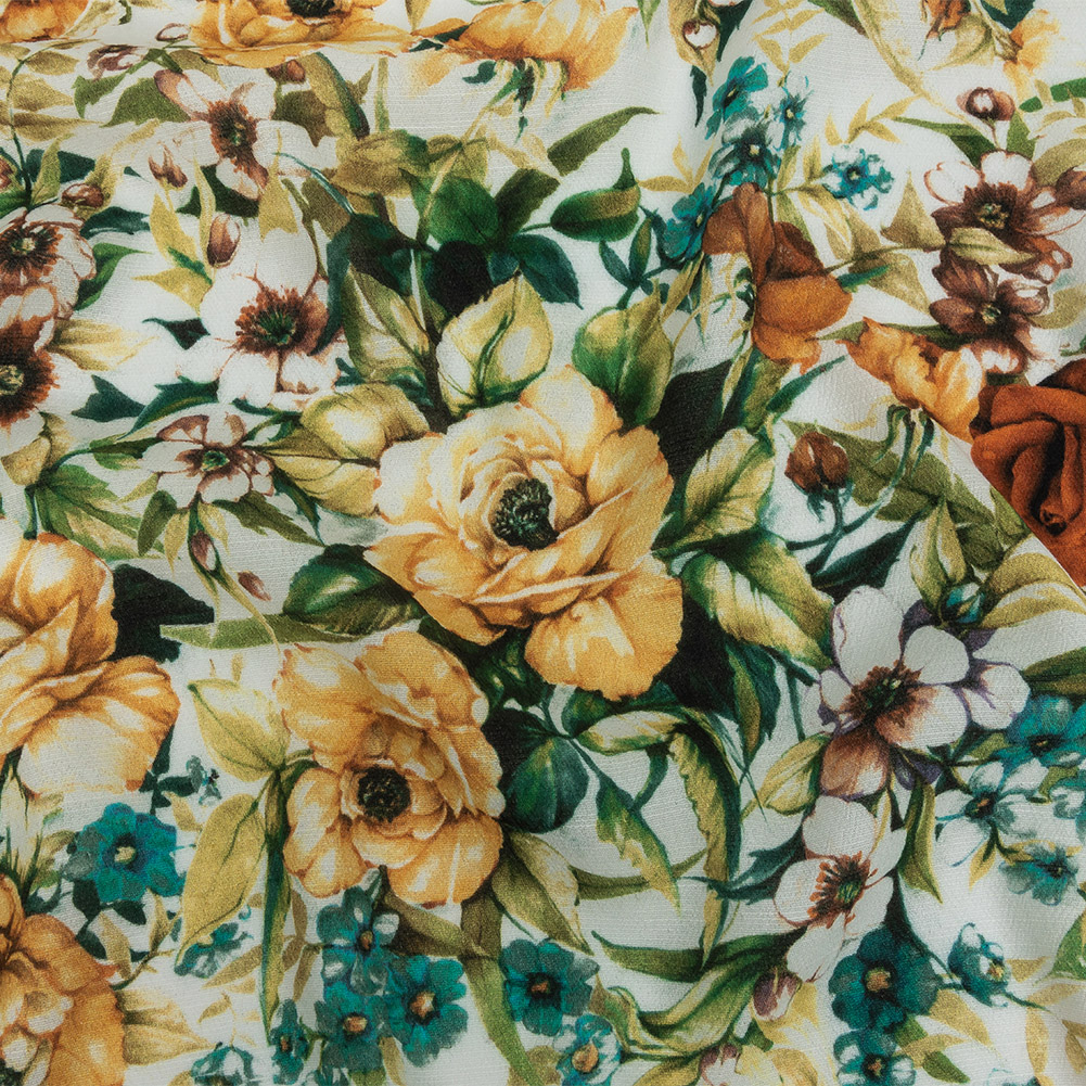 Gauzy Viscose Crepe Print – Yellow, Teal and White Floral – Mood Exclusive Jardin des Fleurs Gauzy Viscose Crepe Print – Yellow, Teal and White Floral – Mood Exclusive Jardin des Fleurs