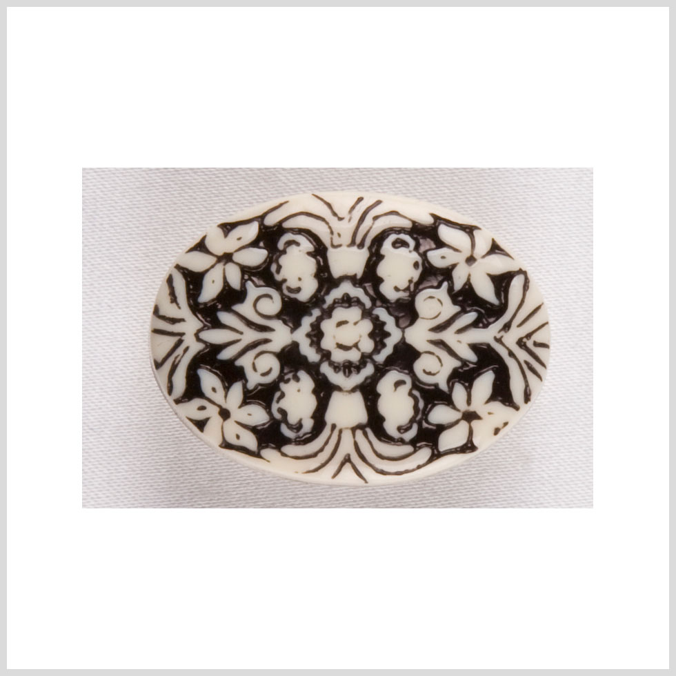 Oval-Shaped Plastic Shank Back Button – 44L/28mm – Black and White Floral Engraving Oval-Shaped Plastic Shank Back Button – 44L/28mm – Black and White Floral Engraving