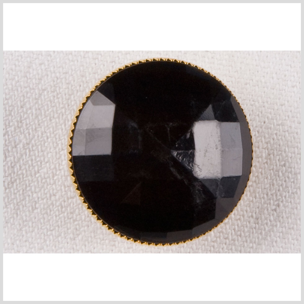 Metal Shank Back Button – 36L/23mm – Faceted Black with Crimped Gold Rim Metal Shank Back Button – 36L/23mm – Faceted Black with Crimped Gold Rim