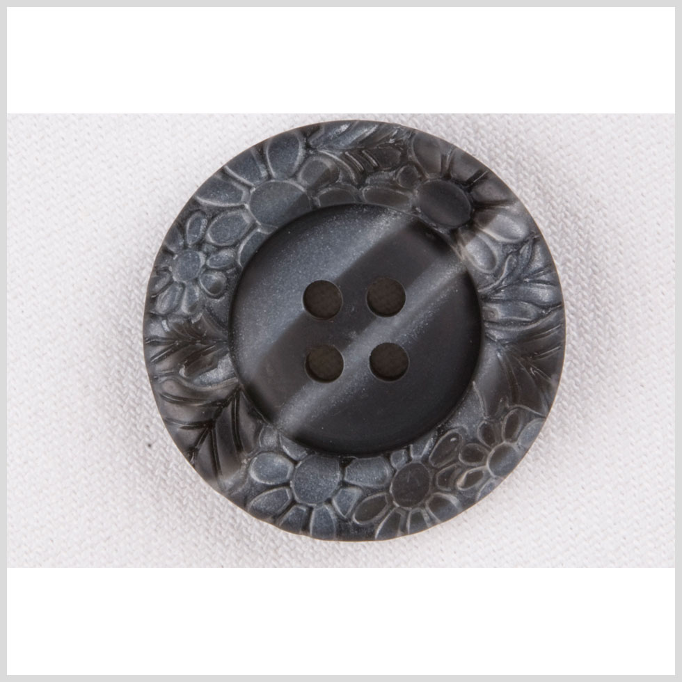 Plastic 4-Hole Button – 54L/34mm – Dark Gray Streaked Floral Embossed Rim Plastic 4-Hole Button – 54L/34mm – Dark Gray Streaked Floral Embossed Rim