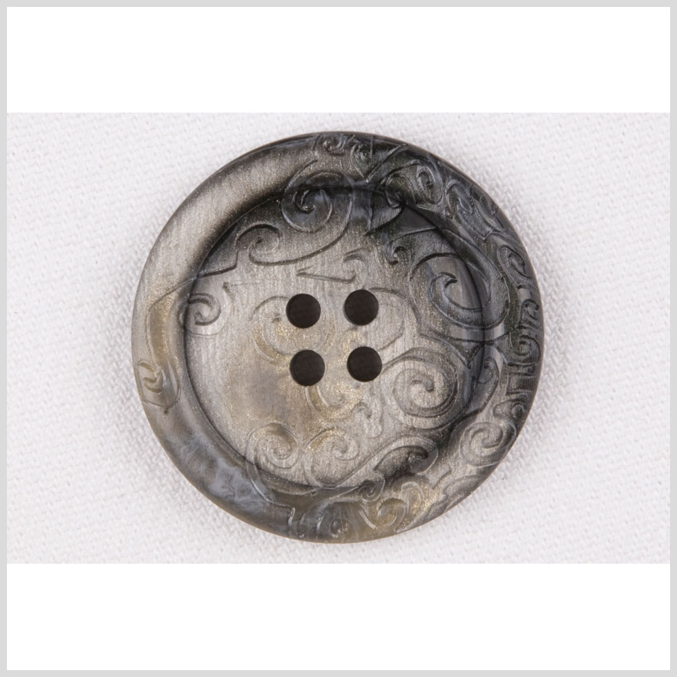 Plastic 4-Hole Button – 54L/34mm – Gold and Gray Shimmer with Fancy Swirl Embossing Plastic 4-Hole Button – 54L/34mm – Gold and Gray Shimmer with Fancy Swirl Embossing