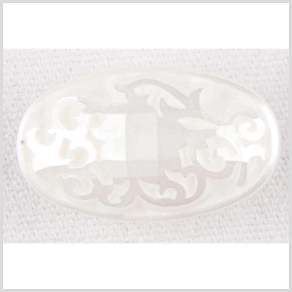 Oval-Shaped Plastic Shank Back Button – 24L/15mm – Pearly Off White Ornate Engravings Oval-Shaped Plastic Shank Back Button – 24L/15mm – Pearly Off White Ornate Engravings