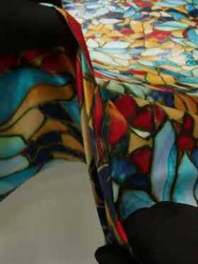 Silk Charmeuse Print 16MM, Made in Italy – Sky Blue, Golden Yellow and Red Stained Glass Flower Mosaic Silk Charmeuse Print 16MM, Made in Italy – Sky Blue, Golden Yellow and Red Stained Glass Flower Mosaic