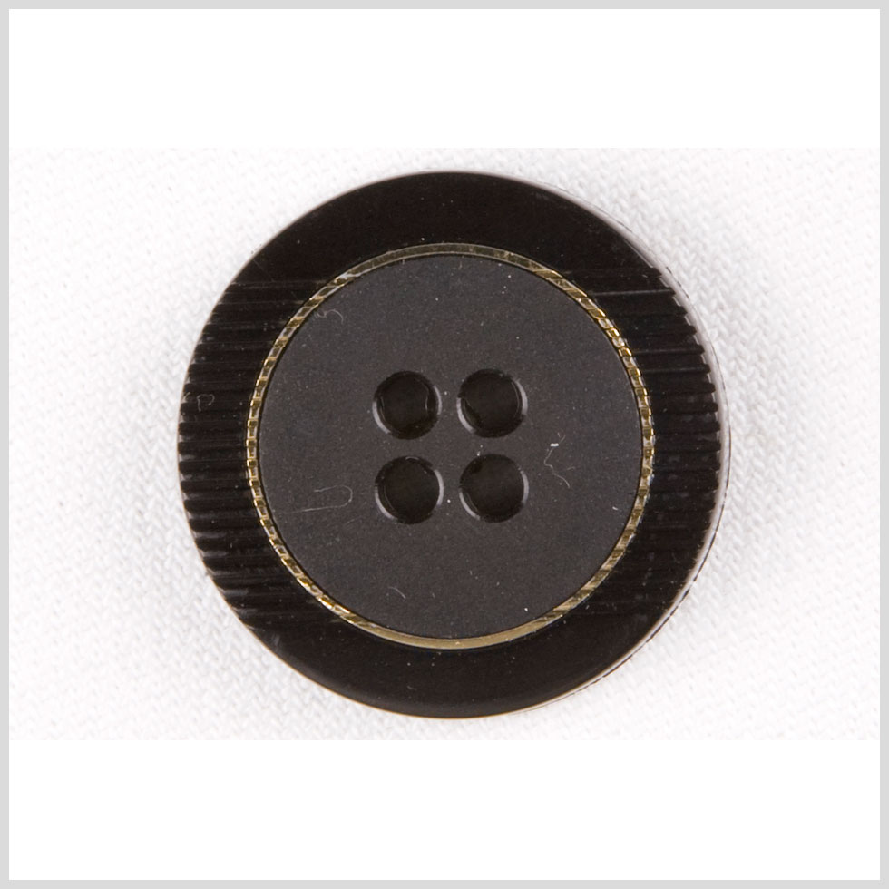 Plastic 4-Hole Button – 44L/28mm – Black Ribbed Rim and Gold Inlay Plastic 4-Hole Button – 44L/28mm – Black Ribbed Rim and Gold Inlay
