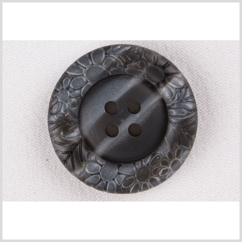 Plastic 4-Hole Button – 40L/25.5mm – Dark Gray Streaked Floral Embossed Rim Plastic 4-Hole Button – 40L/25.5mm – Dark Gray Streaked Floral Embossed Rim