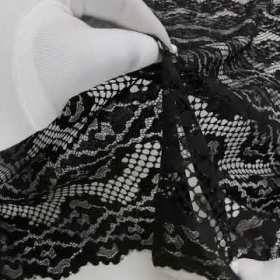 Raschel Lace with Organic Finished Edges – Black Abstract Wavy Stripes Raschel Lace with Organic Finished Edges – Black Abstract Wavy Stripes