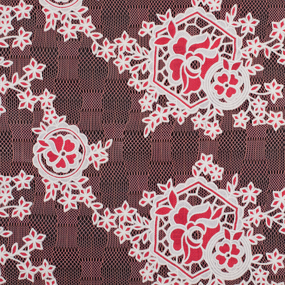 Famous NYC Designer Poppy/Oyster Floral Lace on Geometric Mesh Famous NYC Designer Poppy/Oyster Floral Lace on Geometric Mesh