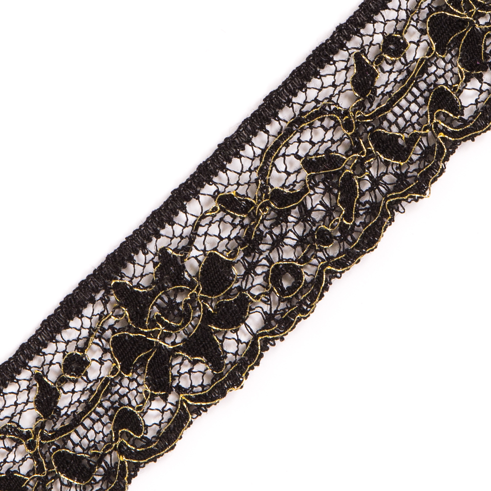 Black and Gold Corded Lace Trimming - 1"