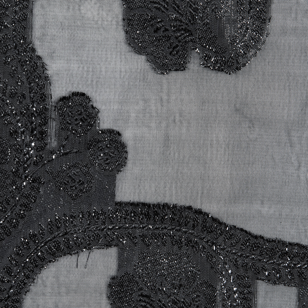 Famous NYC Designer Metallic Black Paisley Embroidered Chiffon