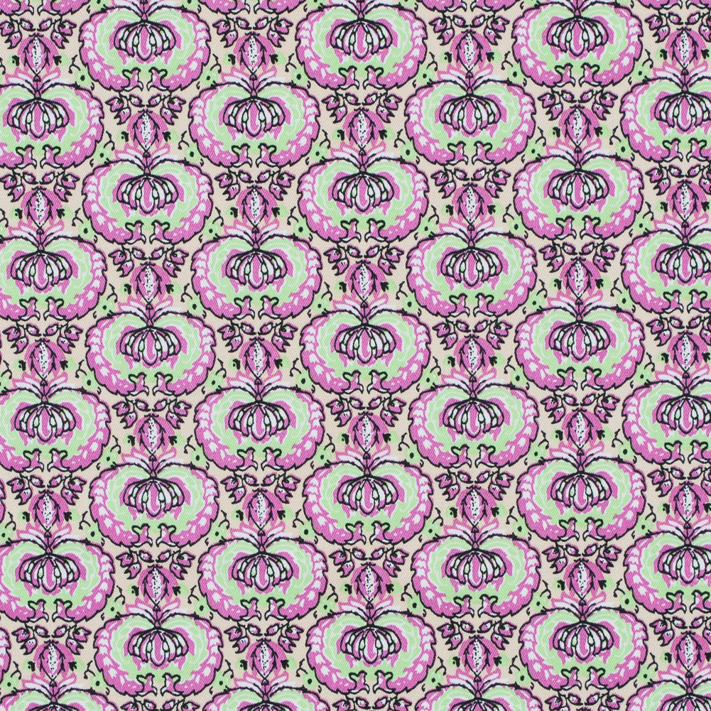Phlox Pink and Green Flash Palmette Printed Stretch Cotton Twill Phlox Pink and Green Flash Palmette Printed Stretch Cotton Twill