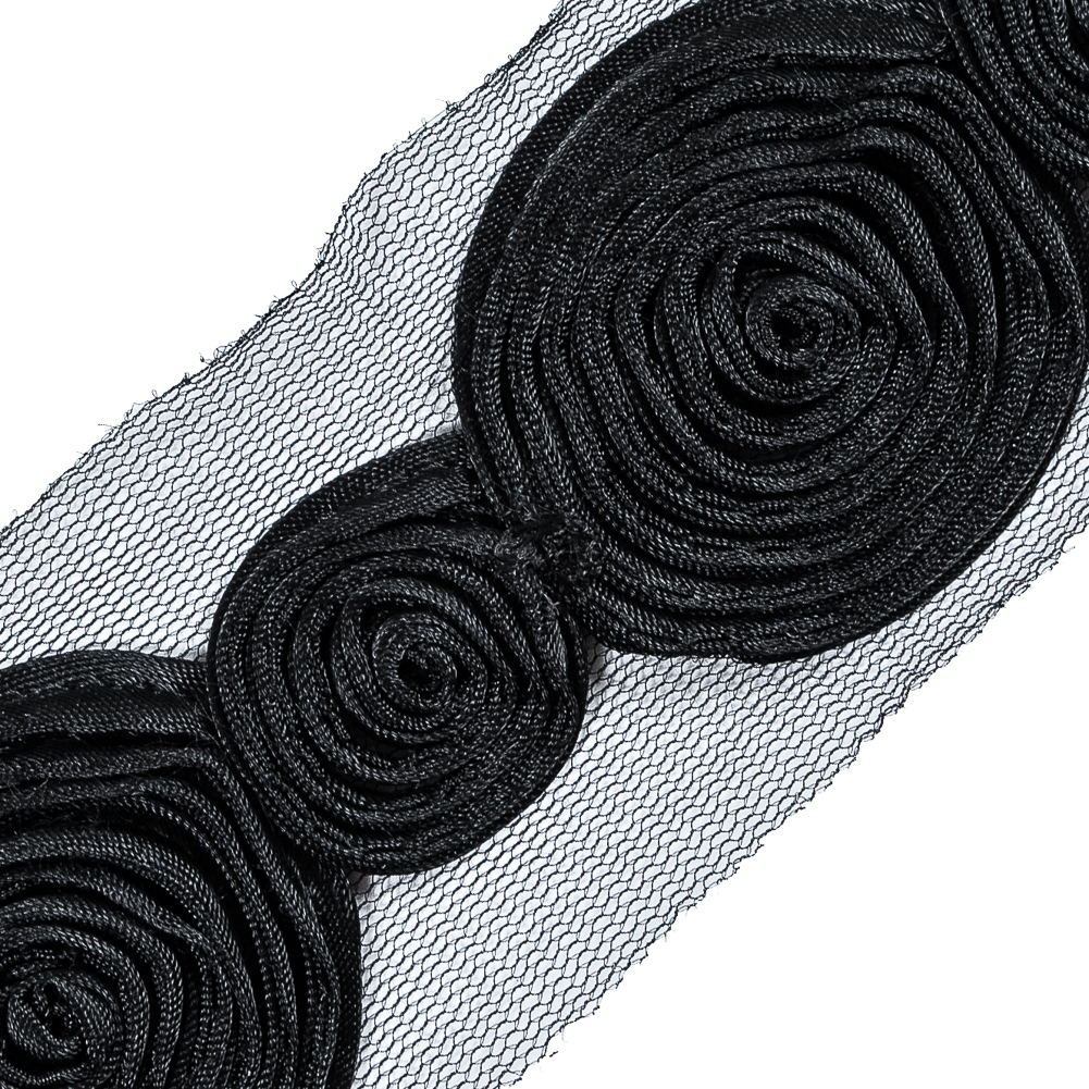 Black Embroidered Swirls Lace Trim - 2"