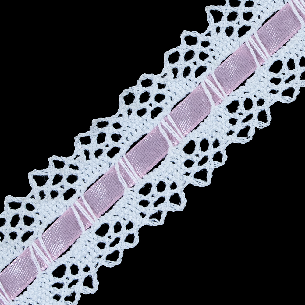 White Crochet Trim with Pink Ribbon - 1.25"