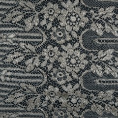 Metallic Lace with Eyelash Fringe Edges – Aqua Gray and Silver Striped Floral – Made in France Metallic Lace with Eyelash Fringe Edges – Aqua Gray and Silver Striped Floral – Made in France