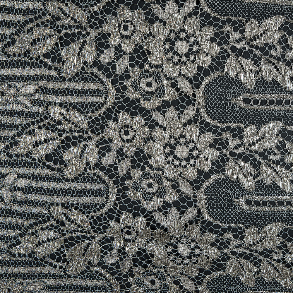 Metallic Lace with Eyelash Fringe Edges – Aqua Gray and Silver Striped Floral – Made in France Metallic Lace with Eyelash Fringe Edges – Aqua Gray and Silver Striped Floral – Made in France